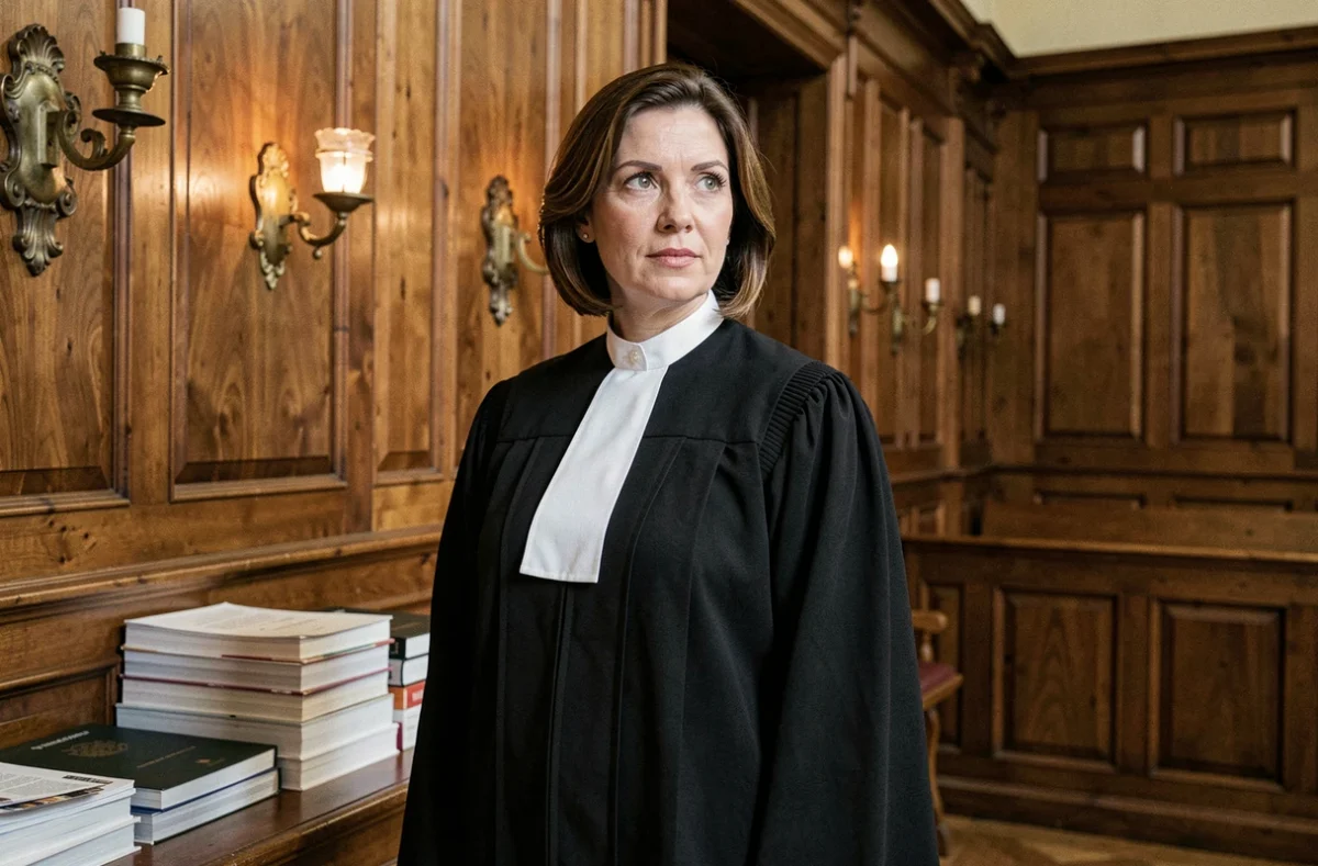 Maître Sophie Bauer, avocate au barreau de Grenoble, en robe d'audience dans l'antichambre du tribunal