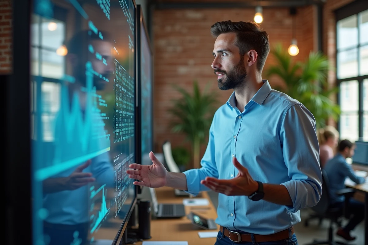 Jeune manager digital expliquant des données sur un écran