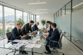 Vue panoramique d'un cabinet d'expertise comptable moderne à Lyon avec des professionnels collaborant autour d'une table de conférence, fenêtres donnant sur la région Auvergne-Rhône-Alpes