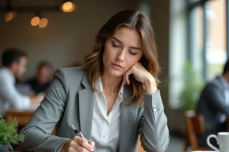 Femme pudique rédigeant un mot de départ pour un collègue à son bureau en open space