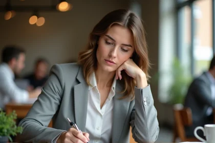 Femme pudique rédigeant un mot de départ pour un collègue à son bureau en open space