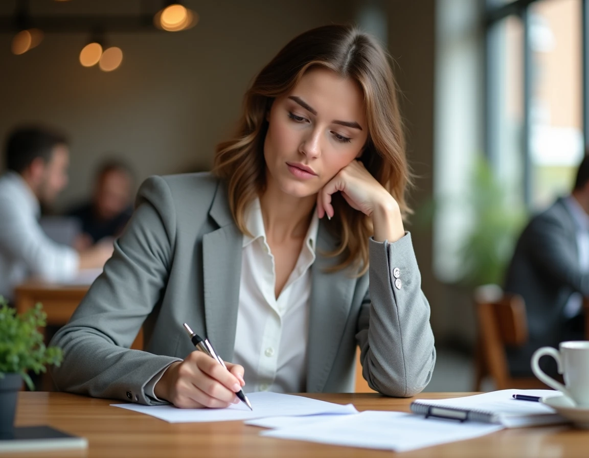 Femme pudique rédigeant un mot de départ pour un collègue à son bureau en open space