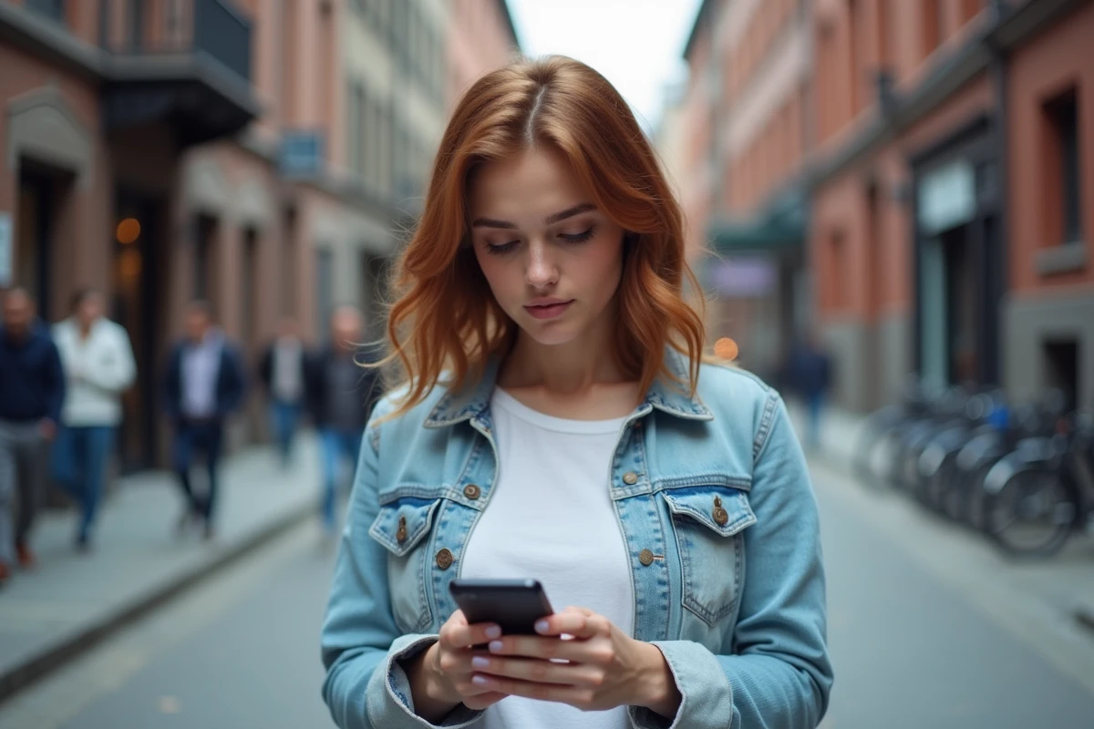 Jeune femme consultant l'application myPrimobox sur smartphone en extérieur dans une rue urbaine