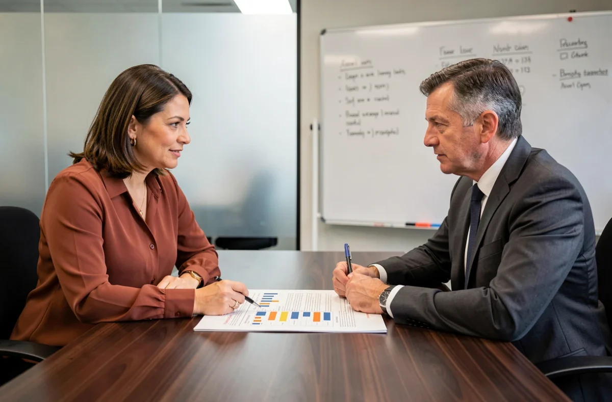 Réunion de négociation entre un salarié porté et un représentant d'une société de portage salarial pour discuter des tarifs