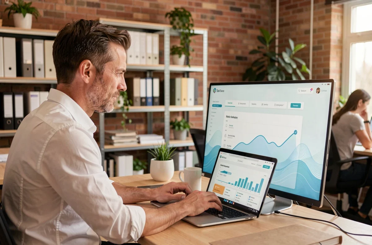 Entrepreneur travaillant sur l'interface produit de Neos Wave dans un espace de coworking moderne, symbolisant la cible marché de la solution