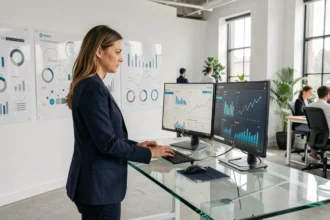 Femme professionnelle analysant des tableaux de bord numériques dans un bureau de startup fintech moderne, illustrant le positionnement de Neos Wave sur le marché technologique