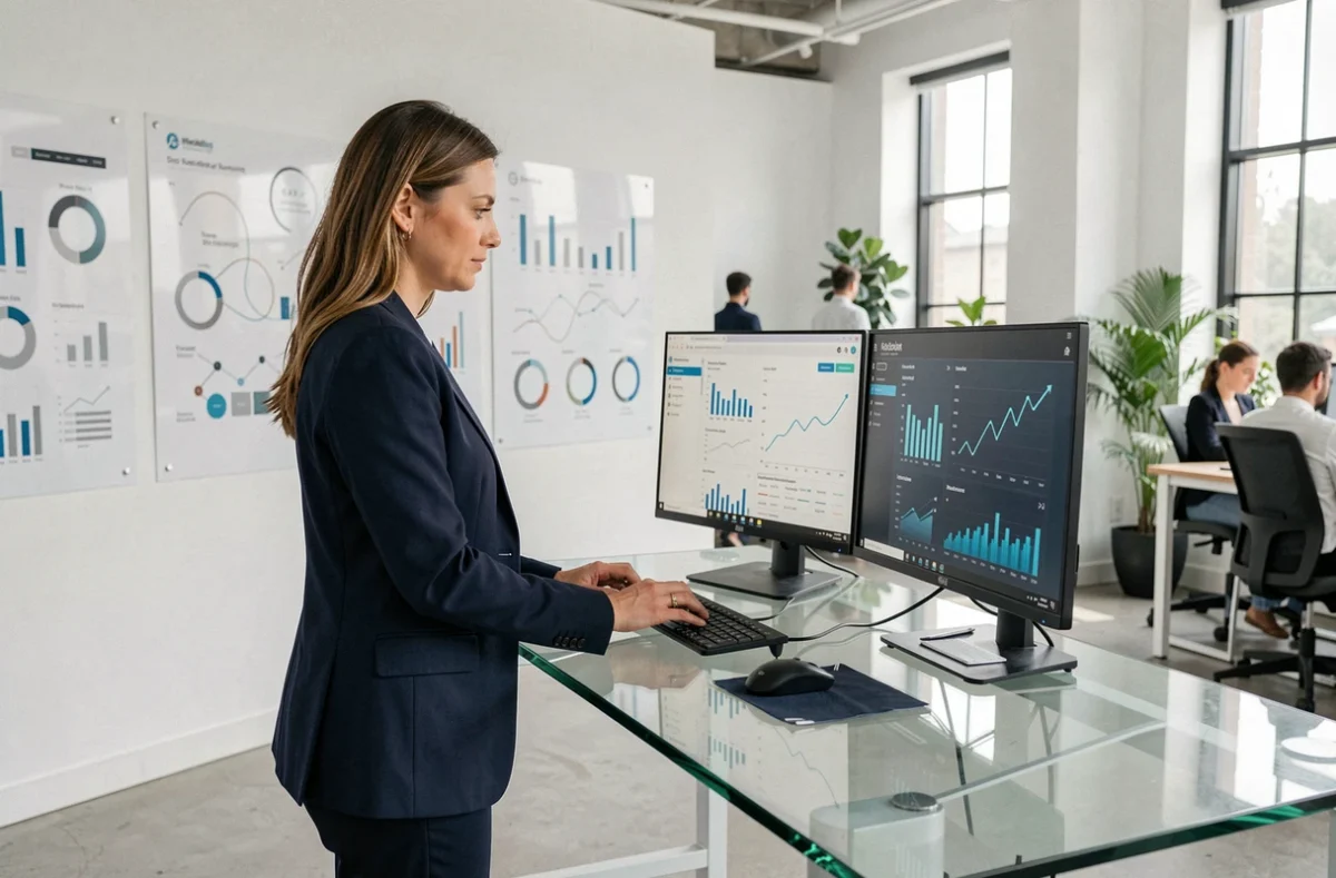 Femme professionnelle analysant des tableaux de bord numériques dans un bureau de startup fintech moderne, illustrant le positionnement de Neos Wave sur le marché technologique