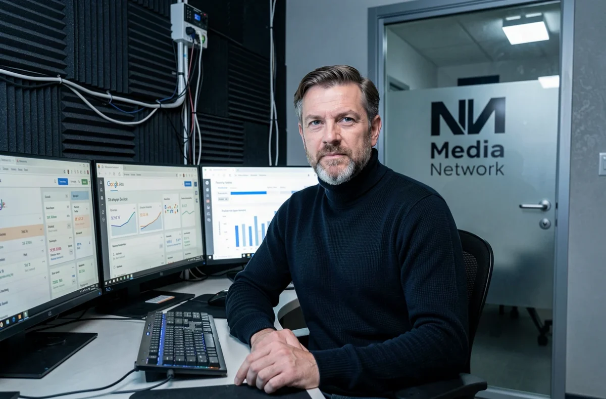 Expert de NM Media Network dans un studio digital surveillant des performances de campagnes Google Ads sur plusieurs écrans