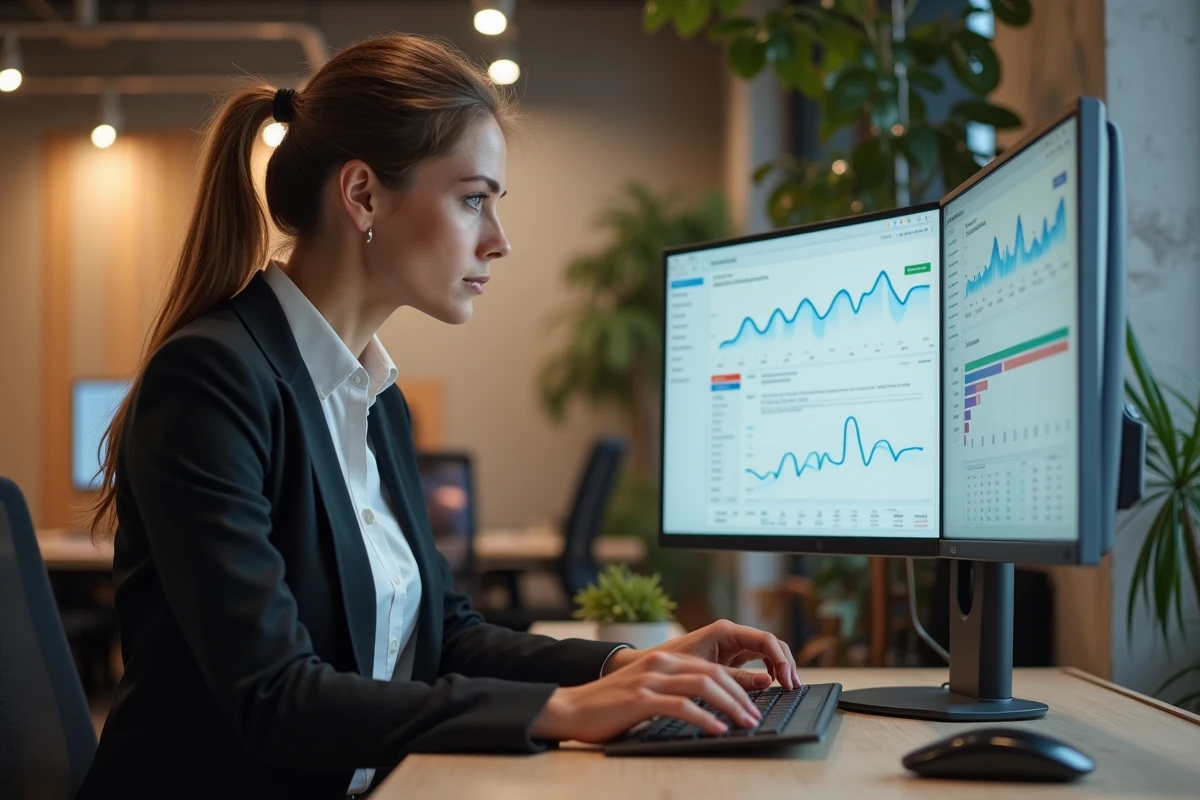 Développeuse SaaS roumaine optimisant le référencement SEO d'un site vitrine depuis un espace de coworking à Bucarest