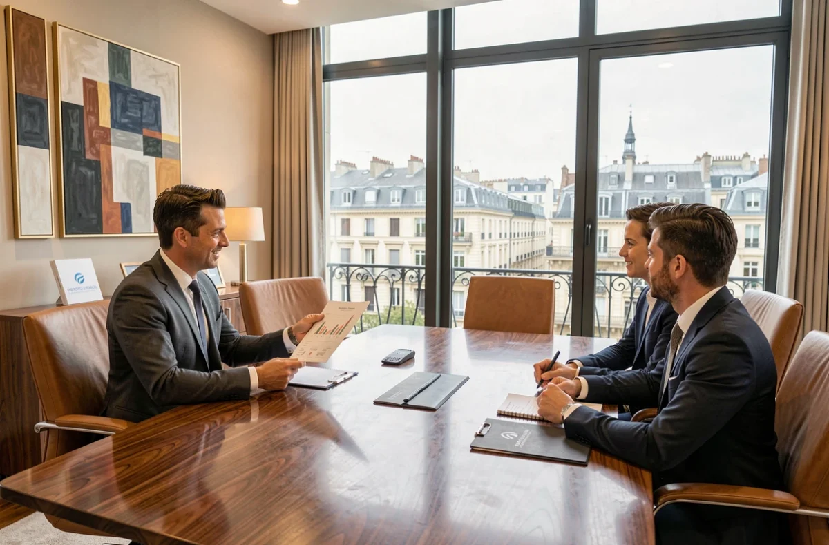 Conseiller financier d'Orial Finance à Lyon présentant une stratégie financière à des clients autour d'une table de conférence dans un bureau exécutif raffiné