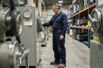 Ouvrier d'usine pointant sa badge devant une horloge industrielle pour une journée de travail en horaire de 12 heures