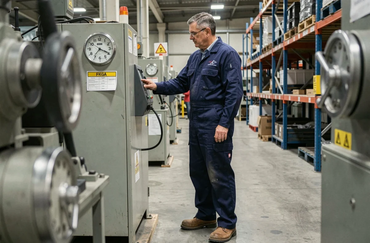 Ouvrier d'usine pointant sa badge devant une horloge industrielle pour une journée de travail en horaire de 12 heures