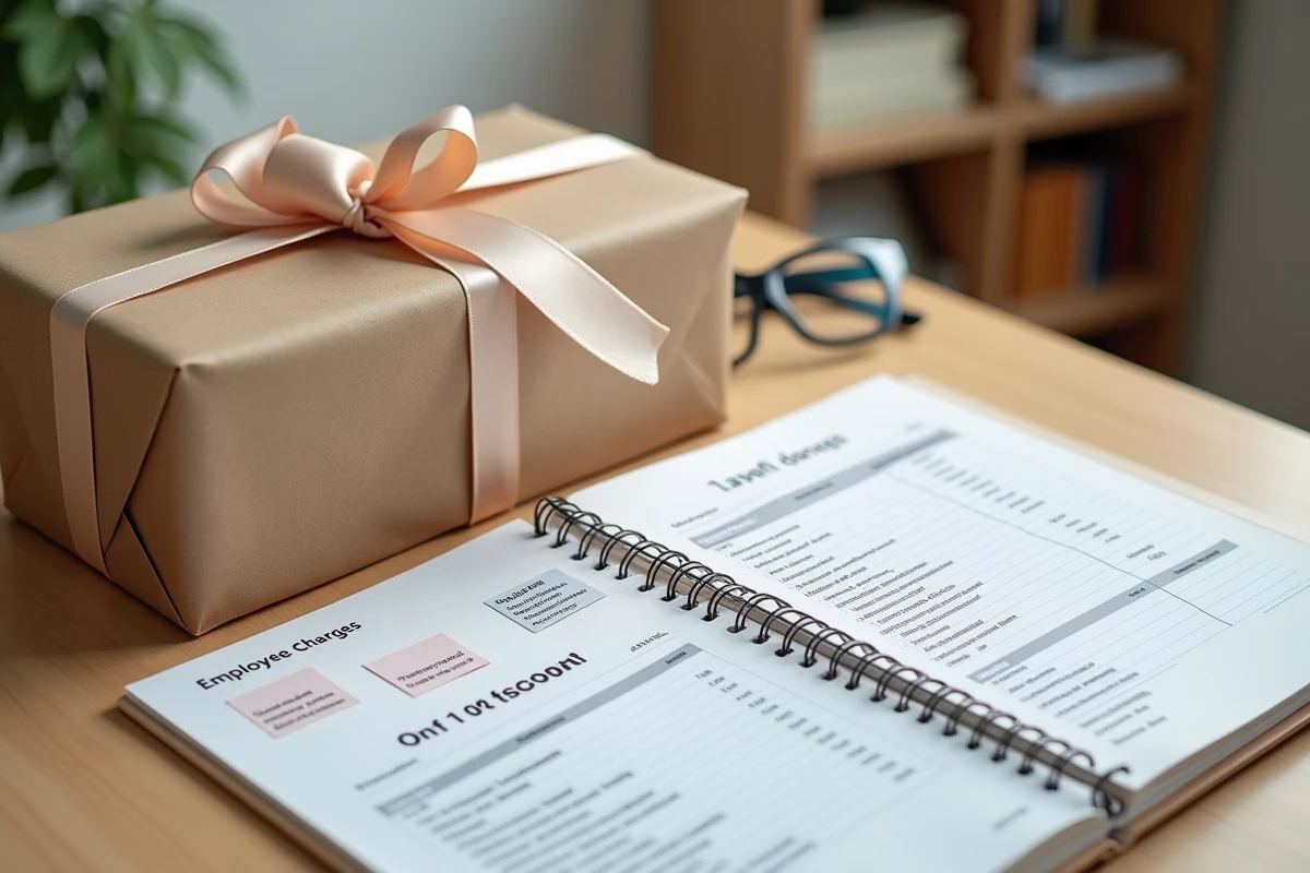 Panier cadeau salarié posé sur un bureau à côté d'un livre de comptes et d'une fiche de paie pour illustrer les règles Urssaf