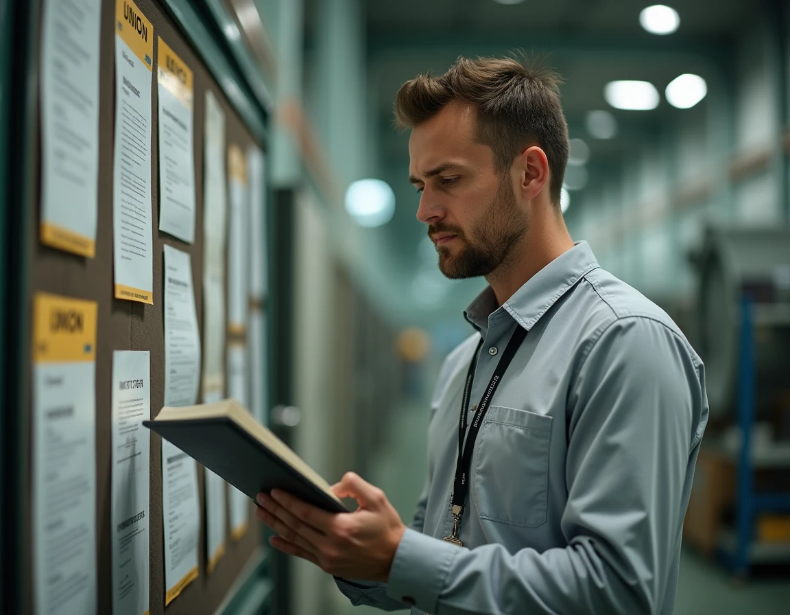 Technicien industriel lisant les informations du CSE sur un panneau d'affichage syndical dans une usine aéronautique