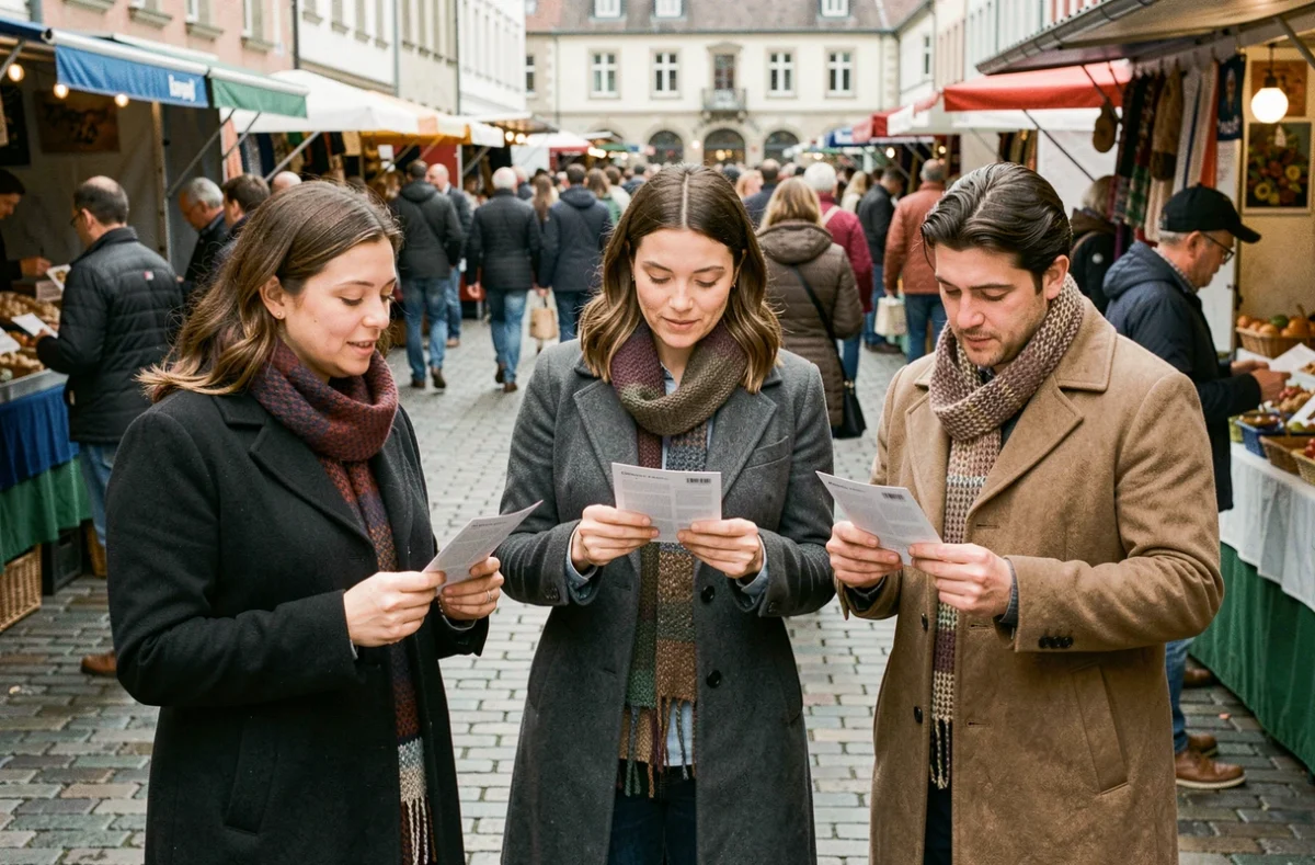 Groupe de personnes lisant des flyers A6 distribués lors d'un événement de street marketing sur un marché en plein air