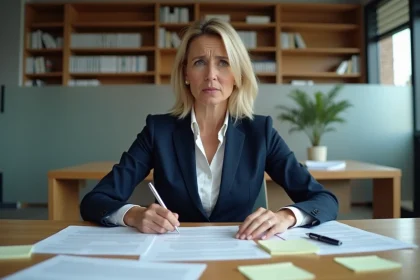 Une professionnelle en blazer marine lit attentivement un contrat posé sur un bureau couvert de documents, dans un bureau juridique moderne