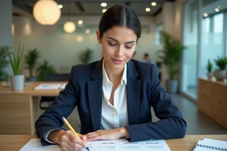Femme professionnelle annotant un calendrier de planification annuelle 2026 dans un bureau moderne, illustrant l'intégration des jours ouvrés dans un business plan
