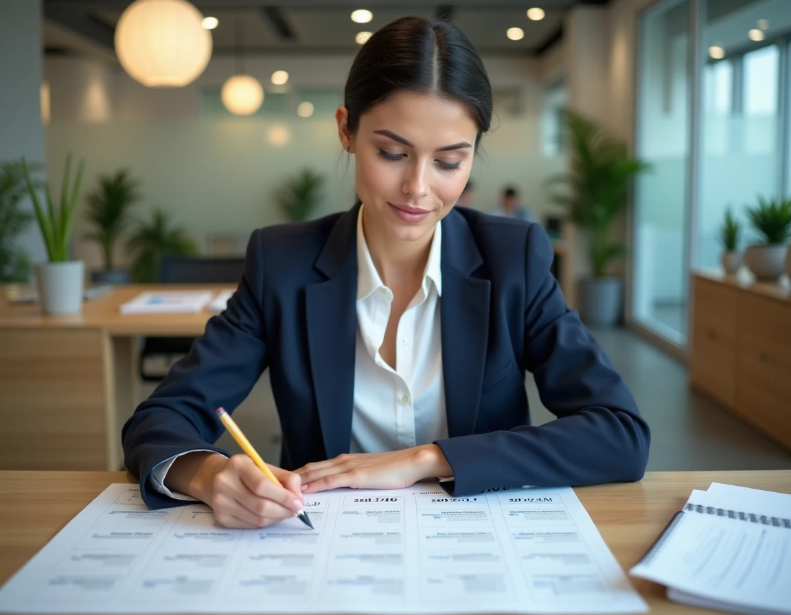 Femme professionnelle annotant un calendrier de planification annuelle 2026 dans un bureau moderne, illustrant l'intégration des jours ouvrés dans un business plan