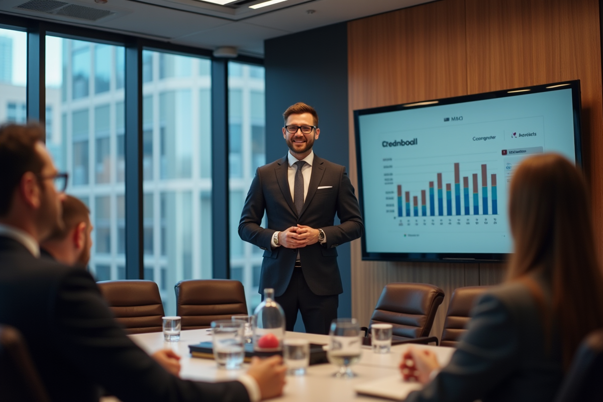 Jeune consultant confiant présentant sur un écran dans une salle de réunion