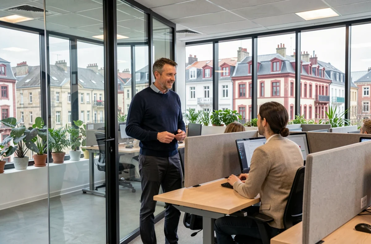 Professionnel en discussion dans un espace de coworking moderne à Bayonne avec vue sur les toits de la ville