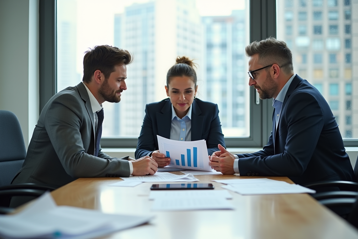 Groupe de professionnels sécurité en discussion au bureau