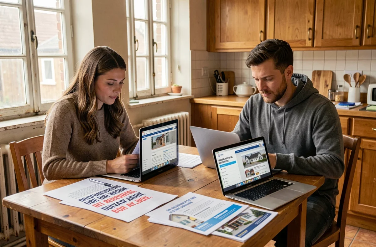 Couple de propriétaires comparant des devis de rénovation énergétique sur table avec documents et ordinateurs portables