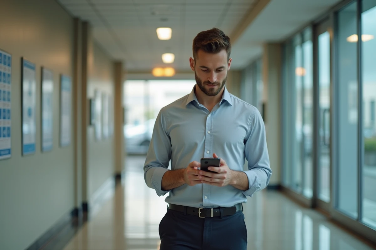 Homme consultant son téléphone dans un couloir administratif pour trouver les coordonnées de contact de l'inspection du travail
