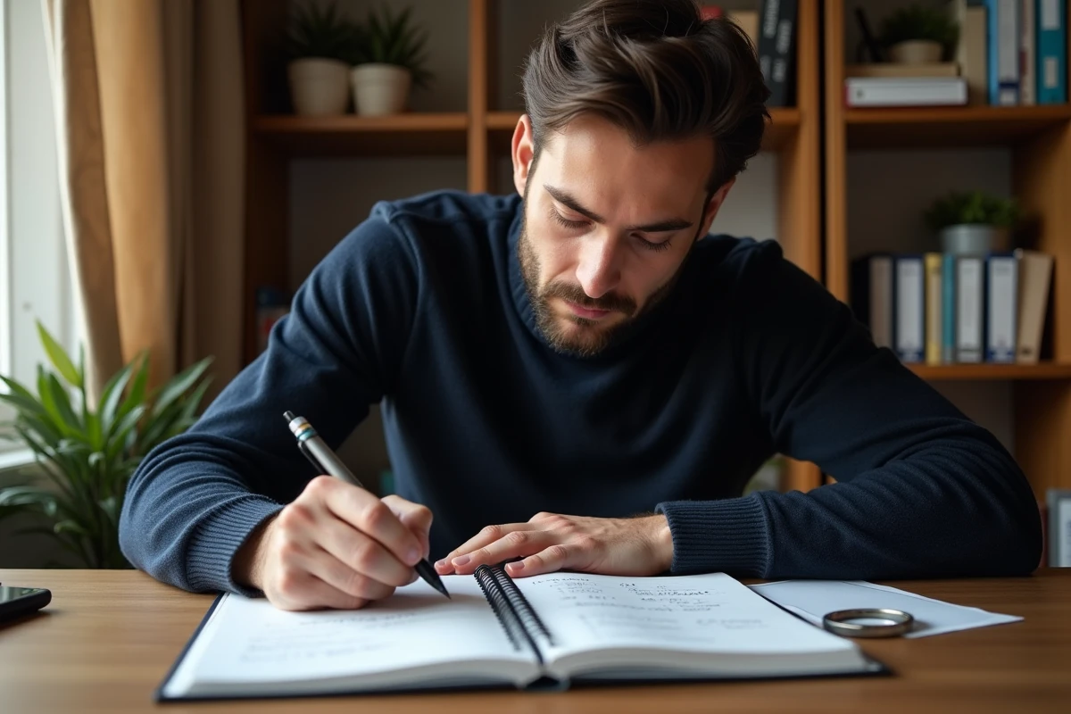 Homme rédigeant un plan d'action structuré dans un carnet sur un bureau en bois à domicile
