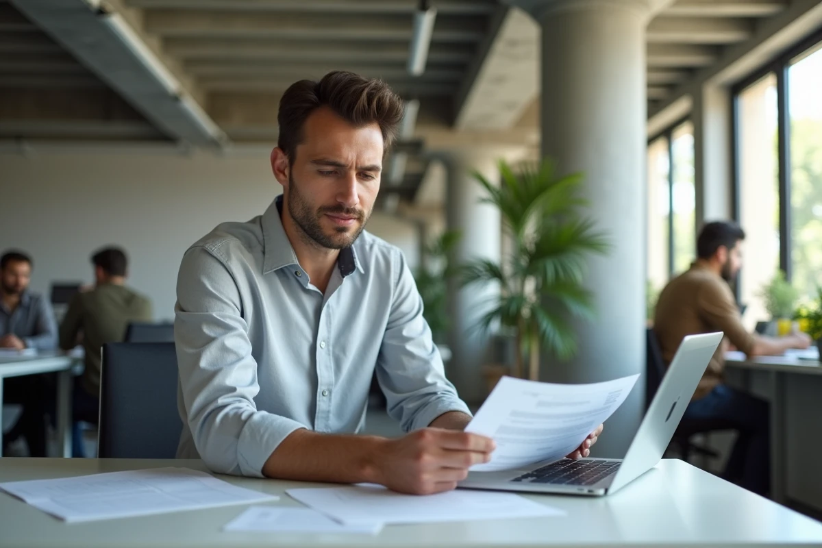 Homme concentré travaillant sur des documents dans un bureau en open space, symbolisant la reformulation efficace des messages professionnels