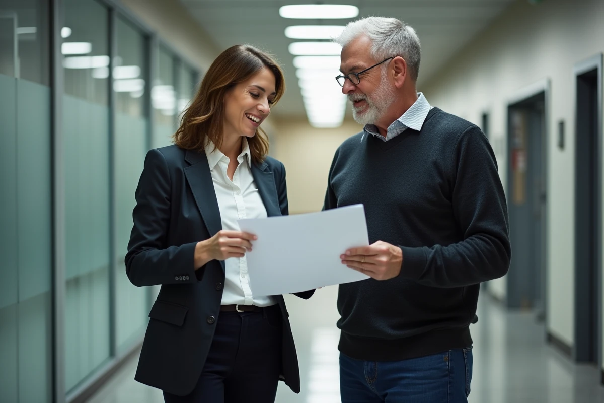 Deux collègues discutant d'un rapport dans un couloir d'entreprise, illustrant l'importance de reformuler ses messages pour un impact professionnel renforcé