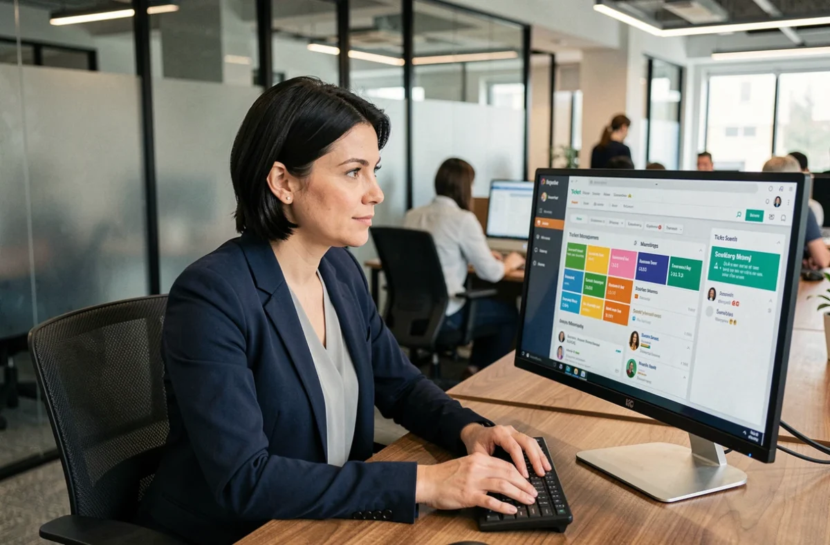 Responsable CSE analysant un logiciel de billetterie en ligne sur un écran de bureau dans un open space moderne