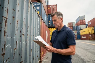 Responsable logistique examinant des documents d'expédition devant des conteneurs internationaux dans un port de commerce, illustrant le transfert de risques Incoterm DDP
