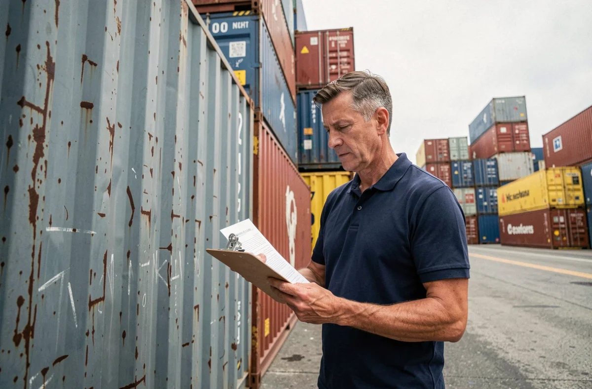 Responsable logistique examinant des documents d'expédition devant des conteneurs internationaux dans un port de commerce, illustrant le transfert de risques Incoterm DDP