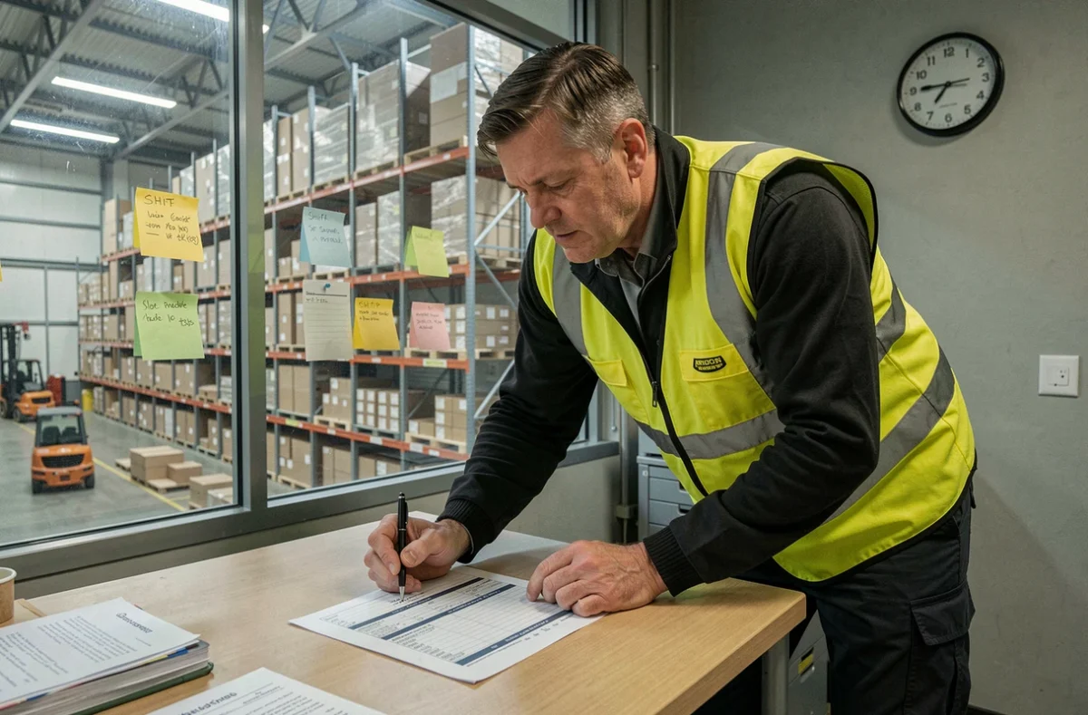 Responsable logistique en gilet jaune fluorescent étudiant un planning de travail posté dans un bureau d'entrepôt avec vue sur les racks de stockage