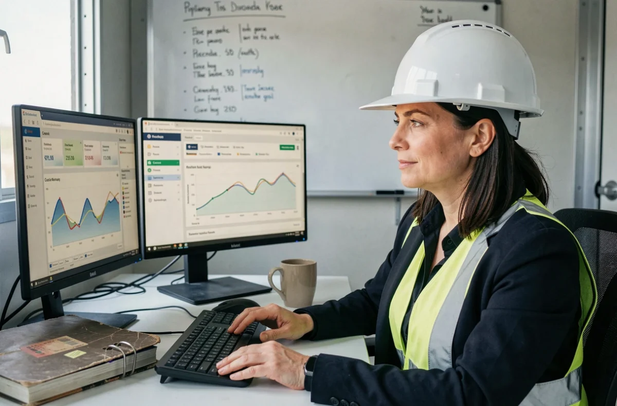 Responsable de projet BTP consultant un logiciel de gestion de chantier sur ordinateur avec tableaux de bord financiers et indicateurs de rentabilité