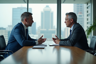 Deux hommes en costume discutent dans une salle de réunion moderne