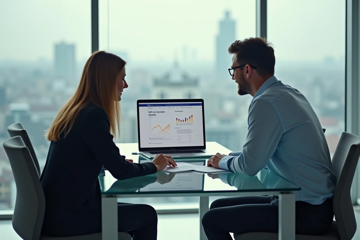 Deux professionnels analysant le SEO d'un site vitrine SaaS roumain lors d'une réunion avec vue sur Bucarest