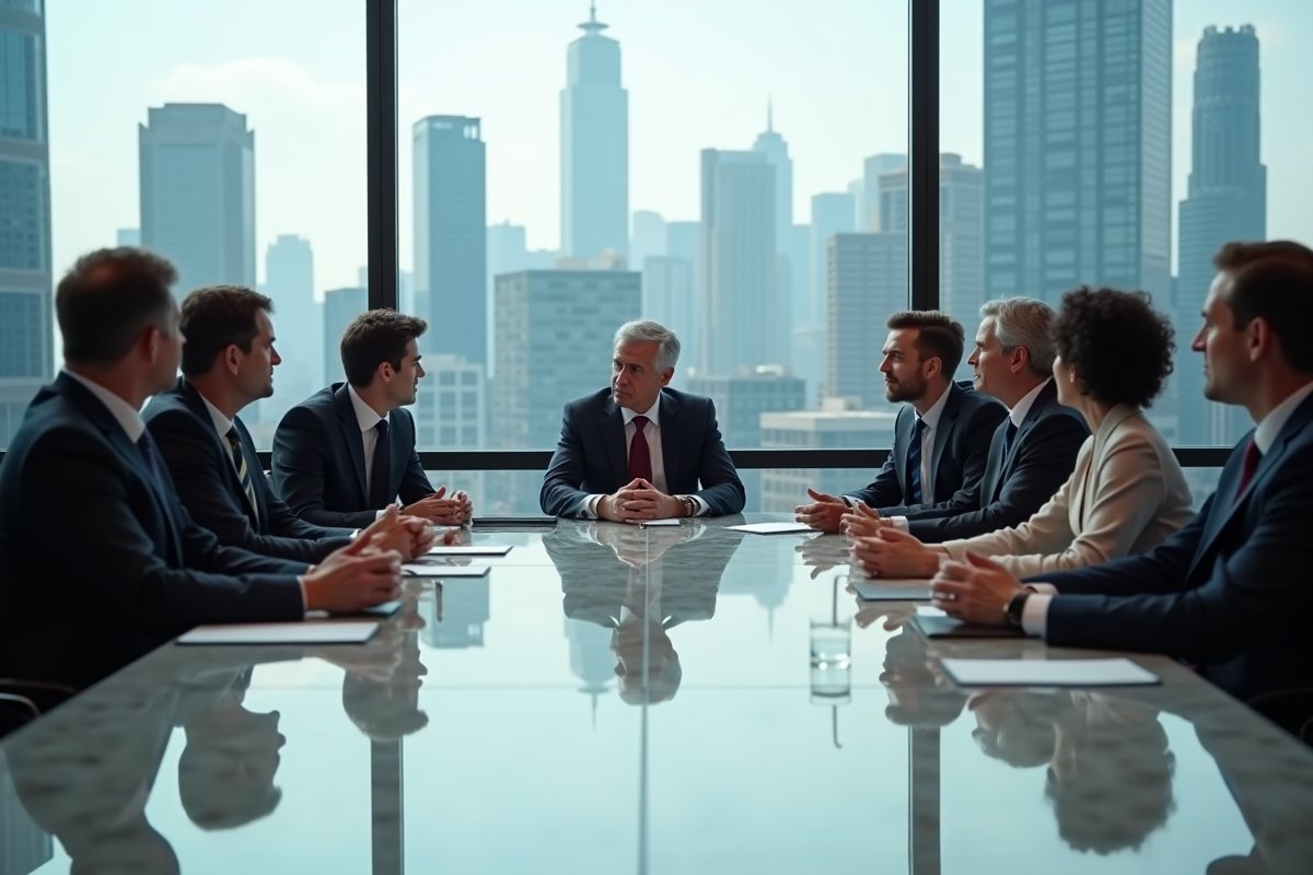 Groupe de professionnels en réunion dans une salle moderne