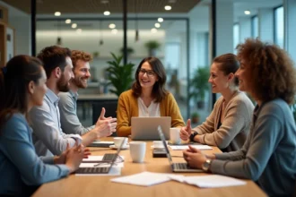 Groupe de collègues en réunion autour d'une table de bureau, illustrant la dynamique au sein d'un groupe de travail
