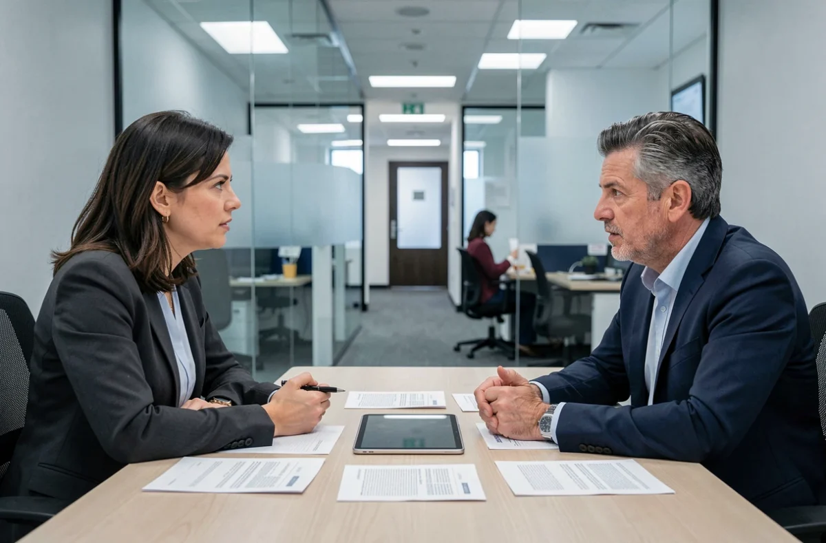 Réunion entre un salarié porté et un consultant RH pour expliquer le calcul des congés payés
