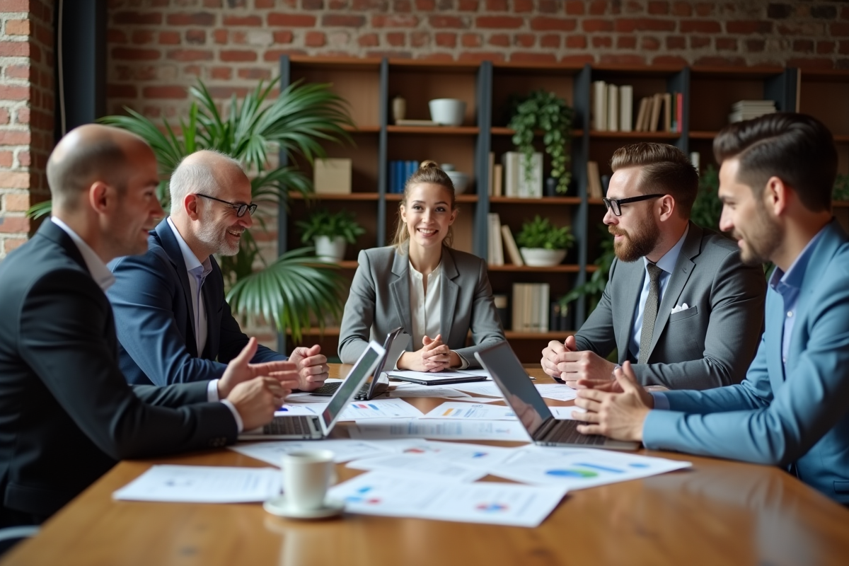 Groupe de professionnels en réunion dans un espace coworking convivial