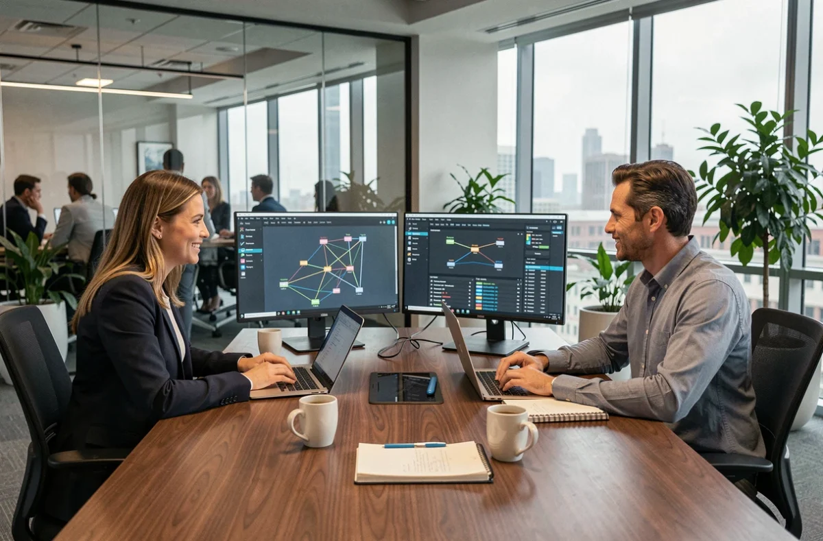 Deux professionnels analysant un tableau de bord de topologie réseau WAN multi-sites dans une salle de réunion d'entreprise moderne