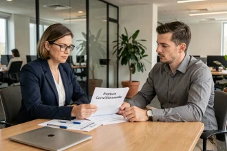 Réunion professionnelle entre une DRH et un salarié autour d'un document de rupture conventionnelle dans un bureau d'entreprise moderne