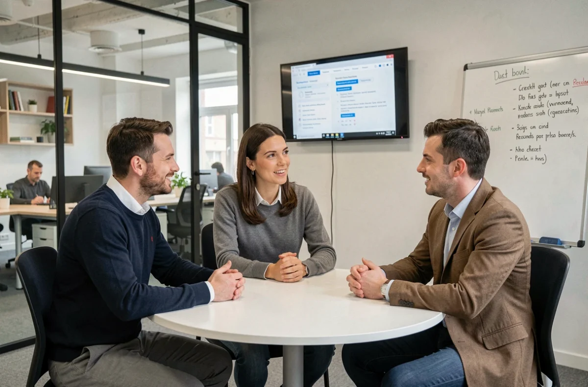 Réunion professionnelle dans une salle de coworking vitrée à Versailles