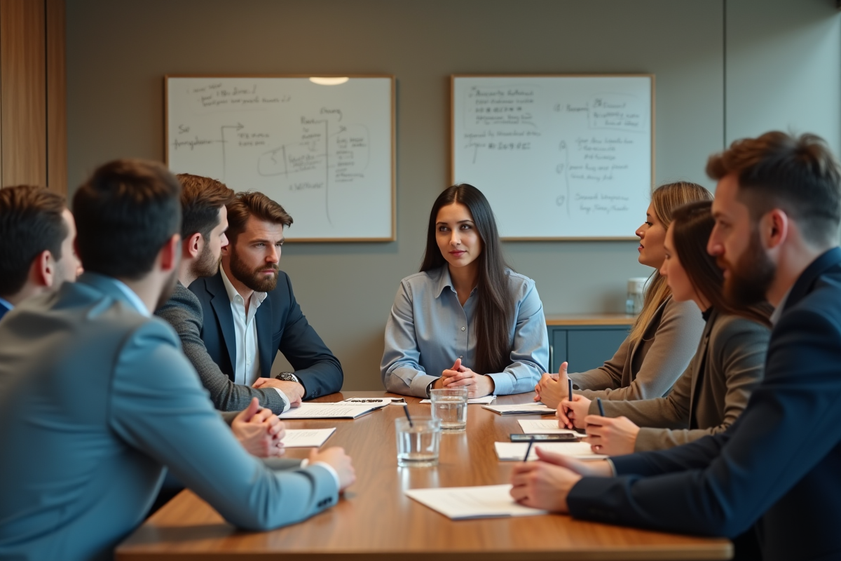 Groupe de collègues discutant sécurité en réunion de bureau