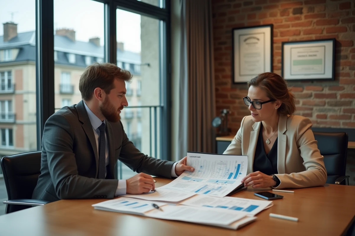 Deux professionnels étudiant des données d'implantation territoriale pour une stratégie de développement d'entreprise en région