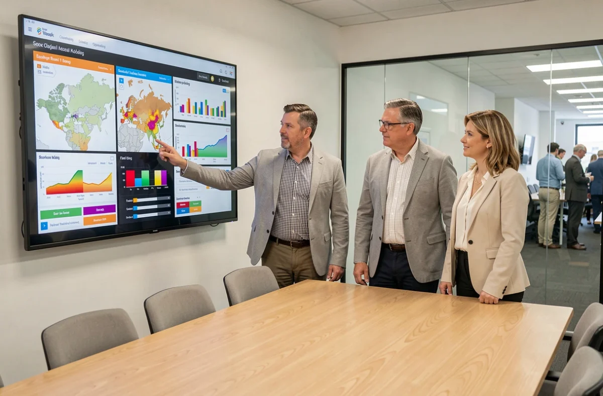 Groupe d'élus et d'urbanistes consultant un tableau de bord numérique d'indicateurs économiques locaux lors d'une réunion municipale