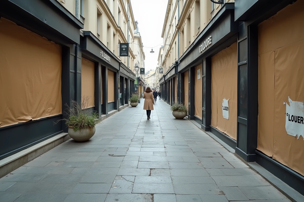 Rue commerçante française avec plusieurs vitrines vides et panneaux à louer, illustrant la vague de fermetures de commerces