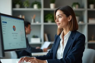 Salariée consultant son espace RH en ligne sur un poste de travail en open space moderne