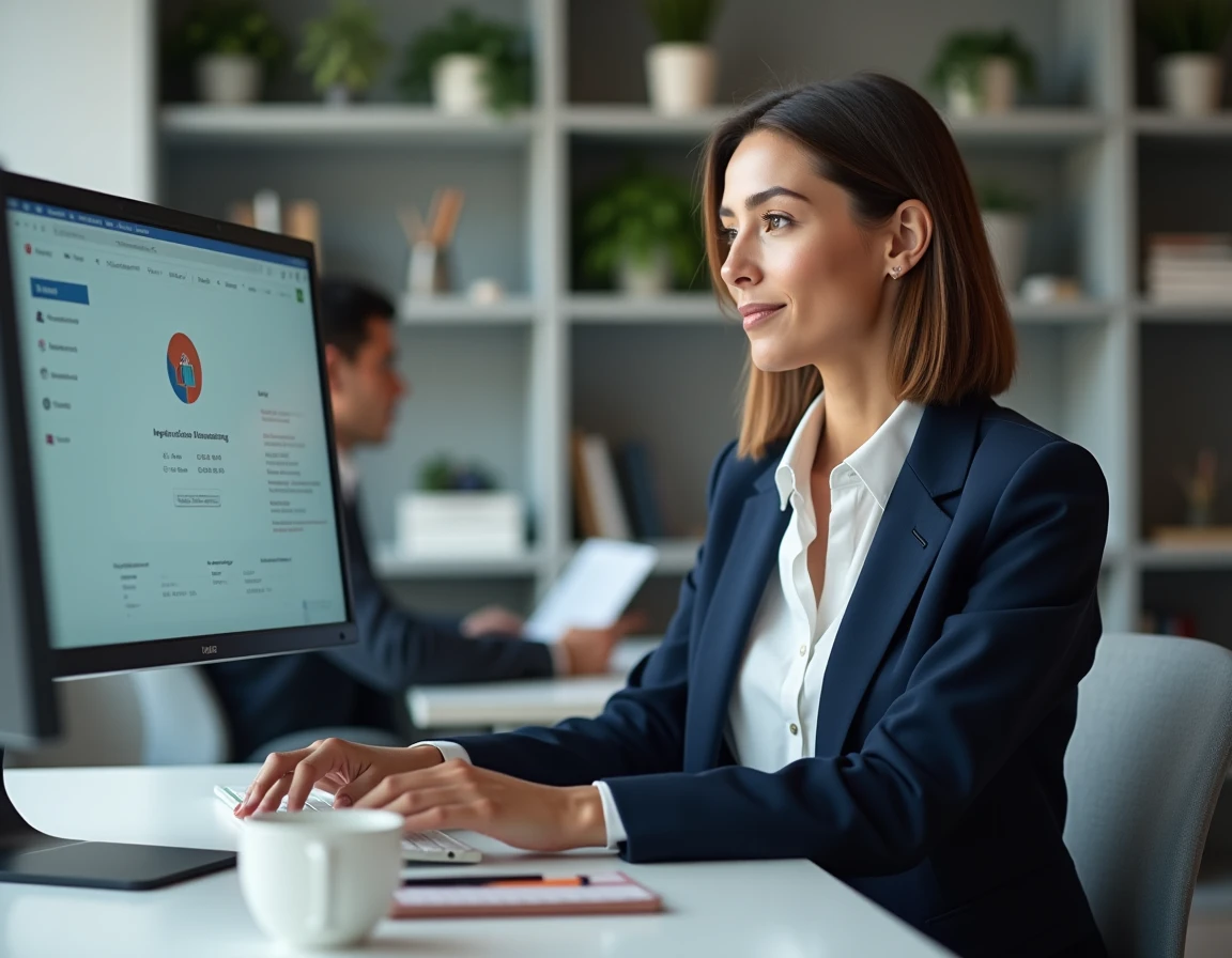 Salariée consultant son espace RH en ligne sur un poste de travail en open space moderne